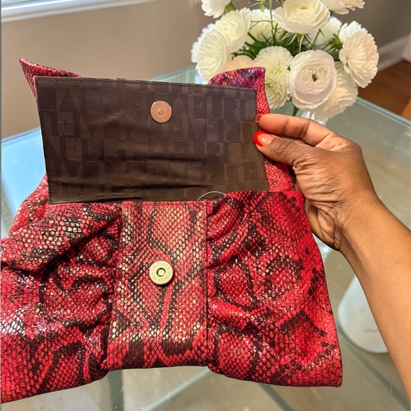 Furla EUC Red and Black Snake-Print Bow Clutch - Picture 7 of 11